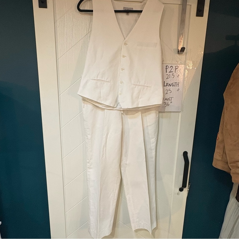 Beach Wedding White Linen Cotton Vest and Trousers 2Piece Suit Set Quiet Luxury - Picture 2 of 13